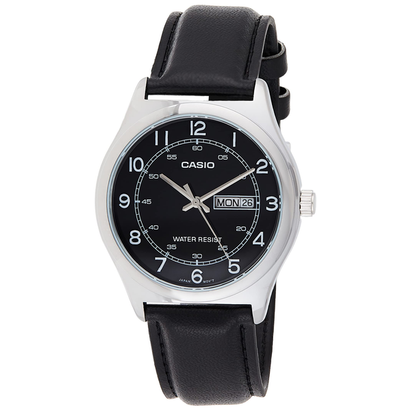 Casio MTP-V006L-1B2 Men's Black Leather Band Black Numbers Dial Day Date Analog Dress Watch