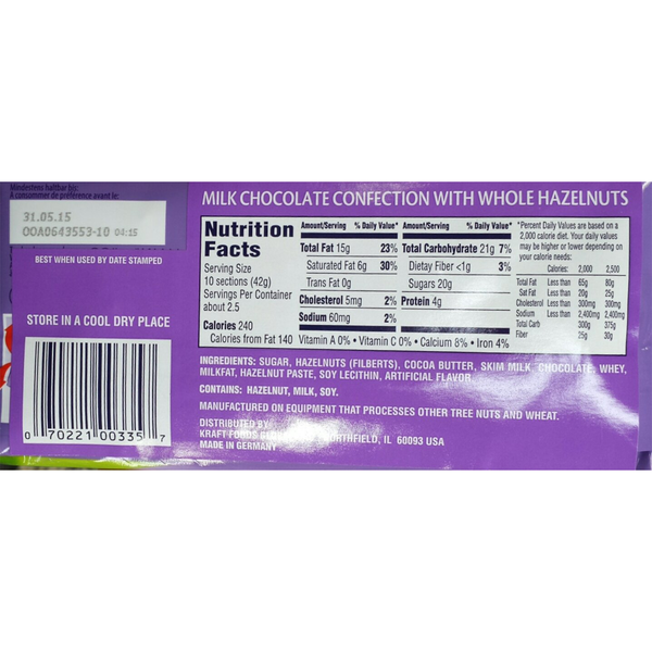 Milka Milk Chocolate with Whole Hazelnuts Chocolate Candy Bar - 3.52 oz