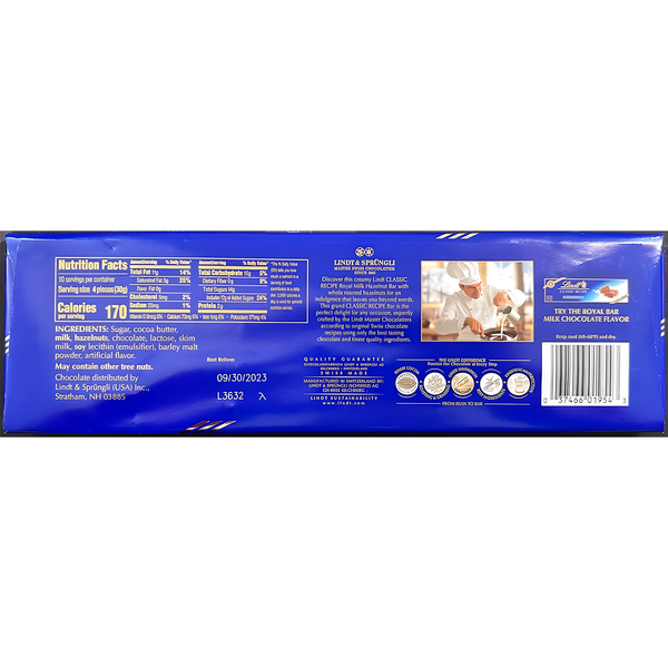Lindt Swiss Premium Milk Chocolate Candy Bar with Whole Hazelnuts 10.6 oz
