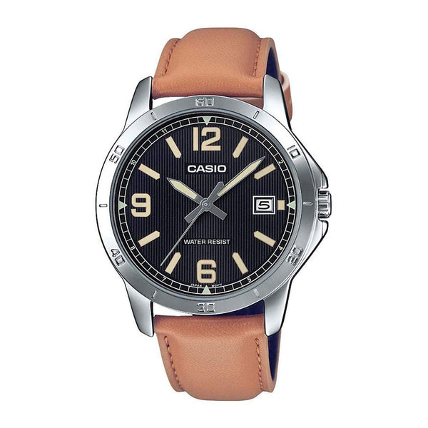 Casio MTP-V004L-1B2 Men's Stainless Steel Brown Leather Band Black Dial Date Watch