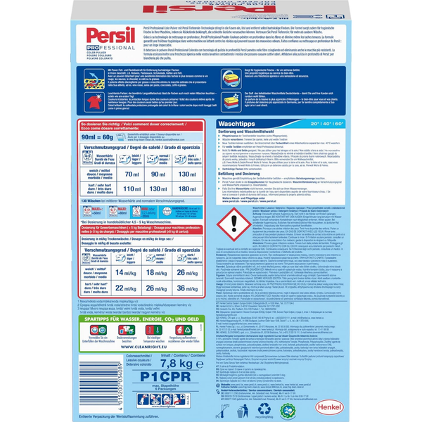 Back of Persil Professional Color laundry detergent box showing dosage guide and washing tips