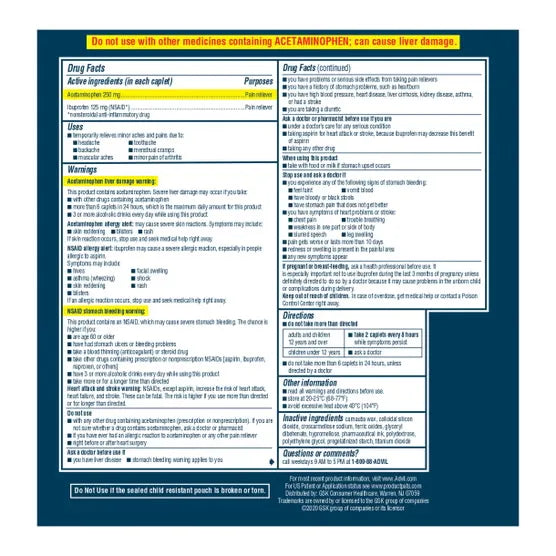 Advil Dual Action Acetaminophen Ibuprofen 50 Packets of 2 - 100 caplets