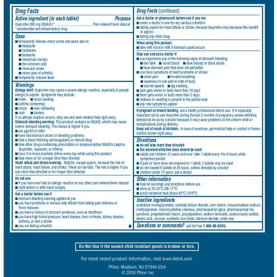 Advil Ibuprofen Tablets 200 mg 50 Packets of 2 - 100 tablets
