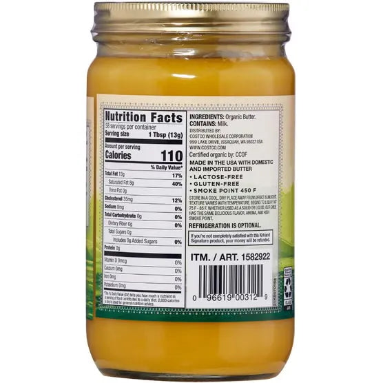 Kirkland Signature Organic Ghee Clarified Butter 27 oz (765 g) - nutrition facts