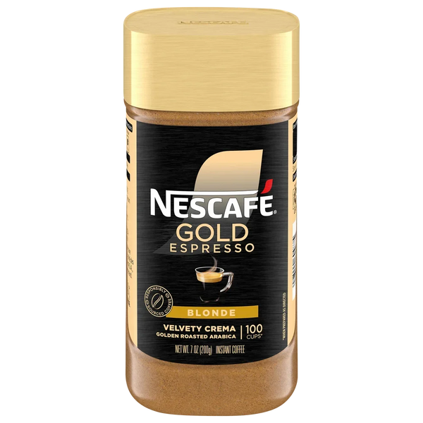 Nescafe Gold Espresso Blonde instant coffee jar with gold lid and black label, 200g