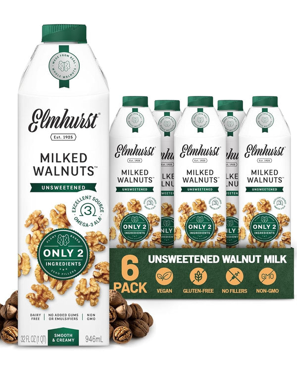 Elmhurst 1925 Unsweetened Walnut Milk - 32 Ounce (Pack of 6) Dairy-Free, Gluten-Free, Vegan, Kosher, Shelf Stable Milk Made with Water & Walnuts for Healthier, Simpler Plant-Based Alternatives