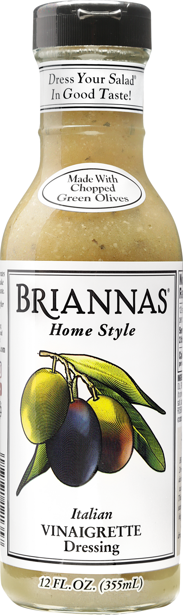 Briannas Home Style Italian Vinaigrette Dressing with chopped green olives, 12 fl oz bottle.