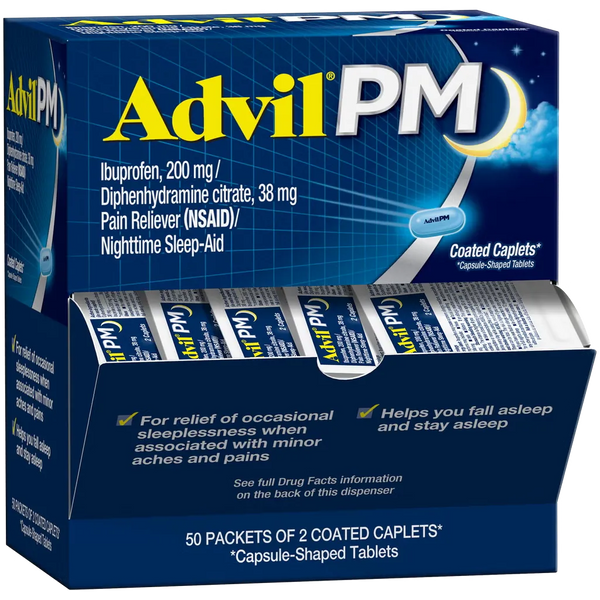 Advil PM Ibuprofen Diphenhydramine 50 Packets of 2 - dispenser box