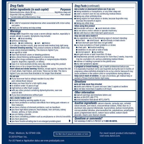 Advil PM Ibuprofen Diphenhydramine 50 Packets of 2 - 100 caplets