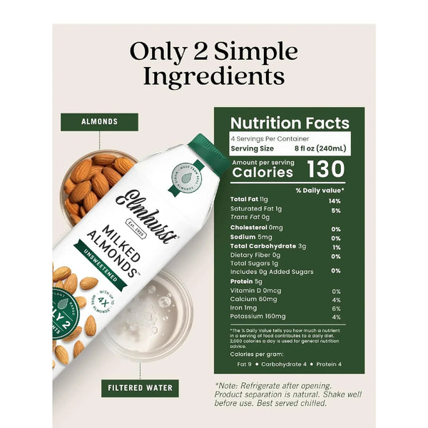 Elmhurst 1925 Unsweetened Almond Milk - 32 Ounce ( Pack of 6 ) Dairy-Free, Vegan, Kosher, No Added Sugar, Shelf Stable Milk Made with Water & Almonds for Healthier, Simpler Plant-Based Alternatives - Real Prime Deals