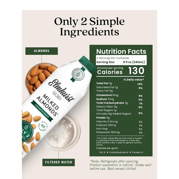 Elmhurst 1925 Unsweetened Oat Milk - 32 Ounce Dairy-Free, Gluten-Free, Vegan, Kosher, Shelf Stable Milk Made with Water & Oat Grains for Healthier, Simpler Plant-Based Alternatives