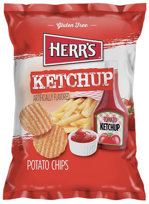 Herr’s Ketchup Ripple Potato Chips, Pack of 42 (1 oz Bags) – Bold & Tangy Ketchup Flavored Ripple Chips, Snack Size
