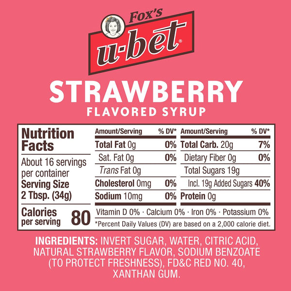 FOX'S U-BET Syrup Bottle, Kosher Certified, Brooklyn Original, Fat Free (1-Pack, Strawberry)