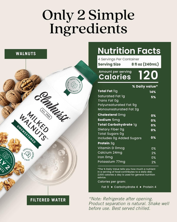 Elmhurst 1925 Unsweetened Walnut Milk - 32 Ounce Dairy-Free, Gluten-Free, Vegan, Kosher, Shelf Stable Milk Made with Water & Walnuts for Healthier, Simpler Plant-Based Alternatives