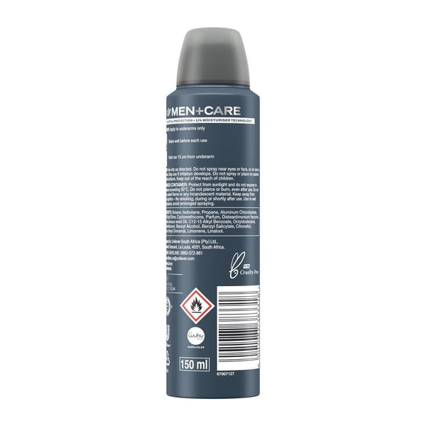 Back of a Men+Care deodorant spray can showing ingredients and 150ml volume.