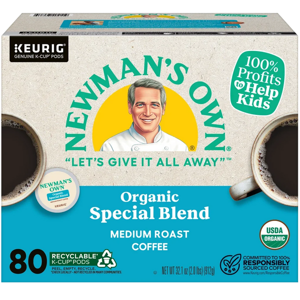 Newman's Own Organic Special Blend medium roast coffee K-Cup pods box, 80 count, with coffee cups and organic label
