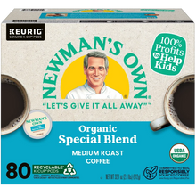 Newman's Own Organic Special Blend medium roast coffee K-Cup pods box, 80 count, with coffee cups and organic label