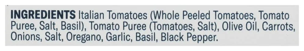 Carbone Original Pizza Sauce 14oz - ingredients back label