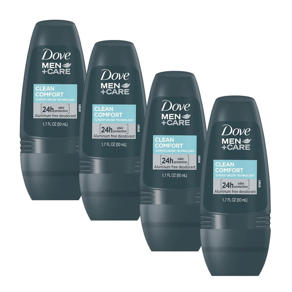 ove Men+Care Clean Comfort Roll on Deodorant, Aluminum Free, For All Day Underarm Odor Protection, 4-Pack, 1.7 Fl Oz Each, 4 Bottles