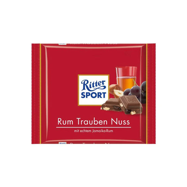 Ritter Sport Rum Trauben Nuss chocolate bar with rum, grapes, and hazelnuts on red packaging