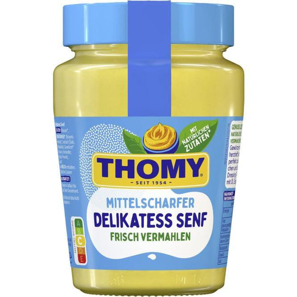Thomy Delikatess Senf medium spicy mustard jar with blue lid, natural ingredients, fresh ground