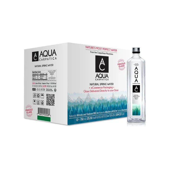 AQUA CARPATICA Natural Spring Water, 750 ml Glass Bottle – Naturally Low Sodium, Pure & Balanced Mineral Water Pack of 12
