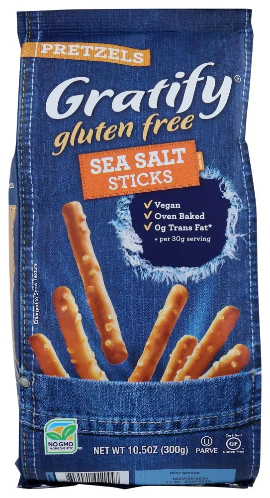 Gratify Gluten Free Pretzels Sea Salt Sticks 10.5oz - bag front label