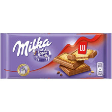 Milka Lu chocolate bar with biscuit pieces in purple packaging, milk chocolate and cookie.