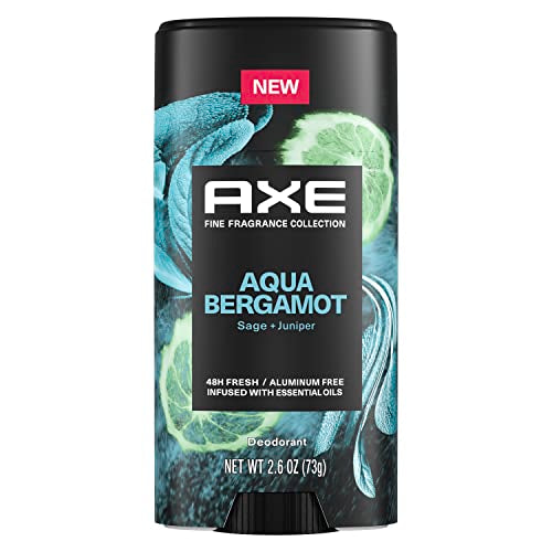 Adeleze Axe deodorant stick in Aqua Bergamot scent, featuring a black container with blue and green bergamot graphic illustrations and a red 'NEW' label.