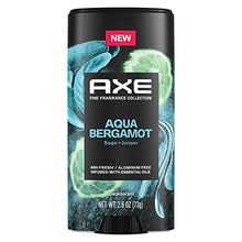 Adeleze Axe deodorant stick in Aqua Bergamot scent, featuring a black container with blue and green bergamot graphic illustrations and a red 'NEW' label.