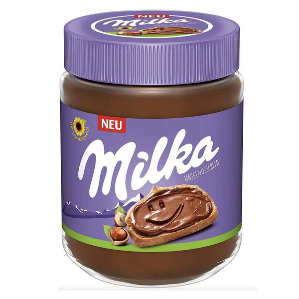 Milka hazelnut spread in purple jar with smiley toast, premium imported snack