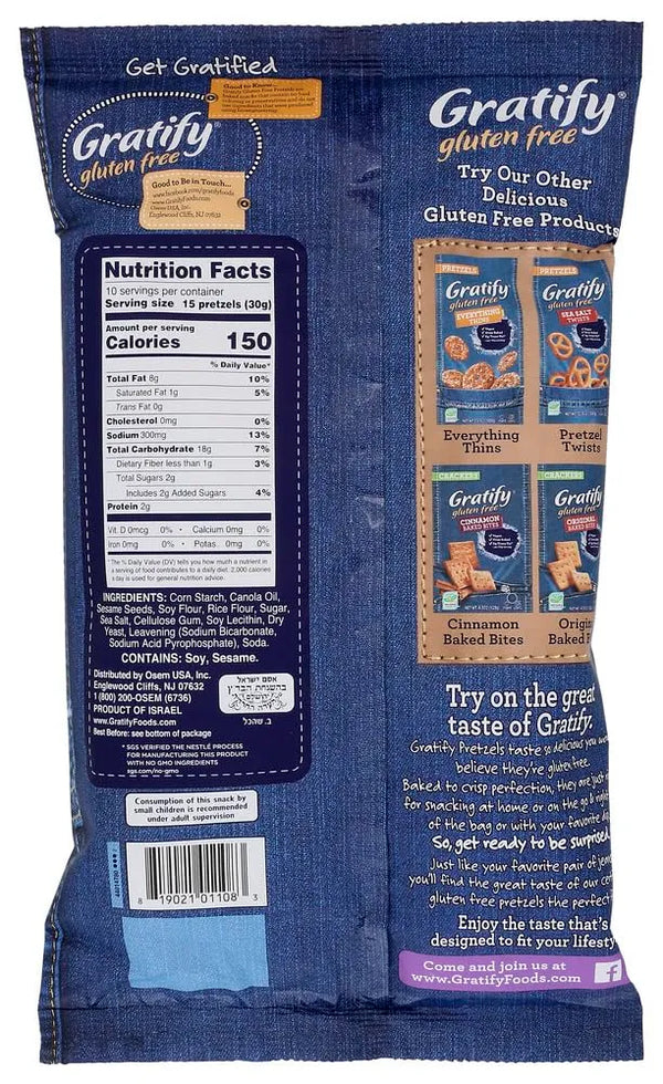 Gratify Gluten Free Pretzels Sesame Thins 10.5oz - nutrition facts label