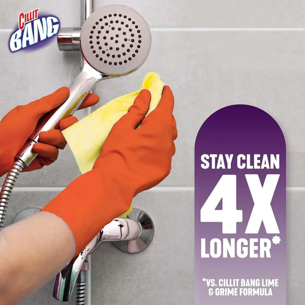 Cillit Bang showerhead cleaner in action, 4x longer clean vs lime & grime formula