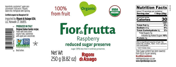 Rigoni di Asiago Fior di Frutta Raspberry Preserve 8.82 oz - back label ingredients