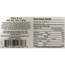 Milka & Lu chocolate snack ingredients list, nutrition facts, and allergen warnings on packaging