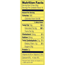 Nutrition facts label with calories, fats, cholesterol, sodium, carbs, protein information