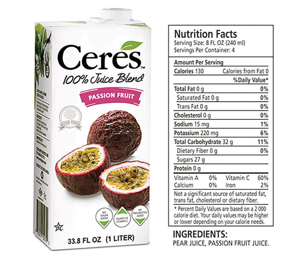Ceres Passion Fruit 100% Juice Blend, No Sugar Added, Rich in Vitamin C, 33.8 fl oz (1 L)