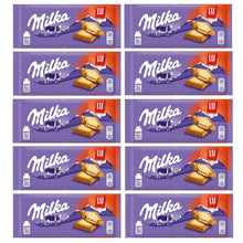 Stack of Milka LU chocolate bars with biscuits in purple packaging