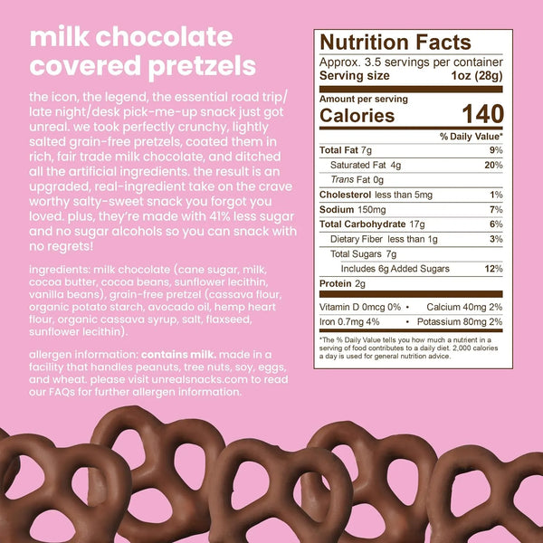 UNREAL Milk Chocolate Covered Pretzels 3.5 oz - grain free snack