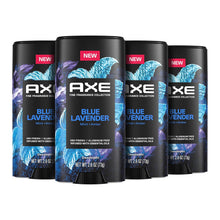 Four AXE Blue Lavender deodorant sticks arranged in a row on a white background. The packaging features a black base with a vibrant blue and purple lavender graphic and a red 'NEW' label at the top.