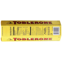 Toblerone Swiss milk chocolate box with honey and almond nougat, nutrition facts visible
