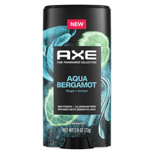 Adeleze Axe deodorant stick in Aqua Bergamot scent, featuring a black container with blue bergamot and green lime illustrations, a red 'NEW' label, and a black center label with white and blue text.