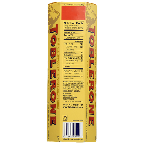 Toblerone Swiss milk chocolate with honey and Almond Nougat - 2 packs of 6 bars