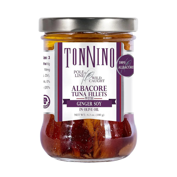Tonnino Albacore Tuna Fillets with Ginger Soy in Olive Oil, wild-caught, 6.3 oz jar