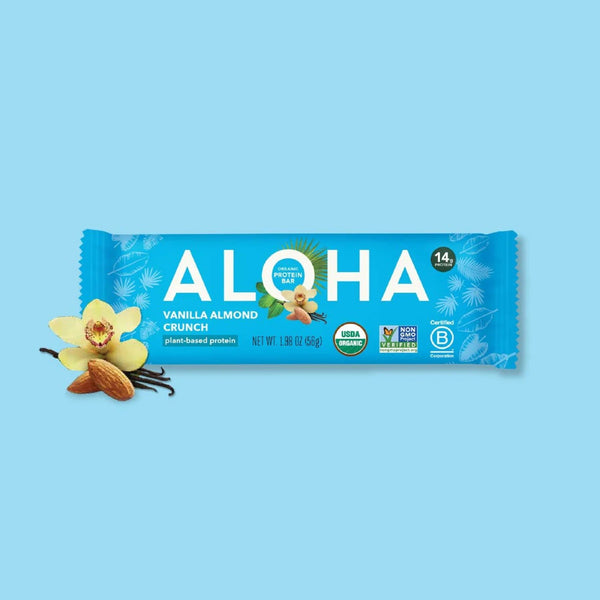 ALOHA Vanilla Almond Crunch Organic Protein Bar front package
