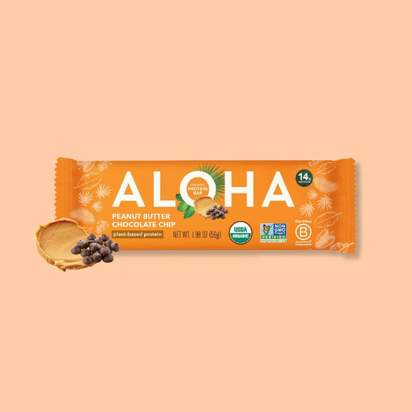 ALOHA Peanut Butter Chocolate Chip plant-based organic protein bar with peanut butter and chips.
