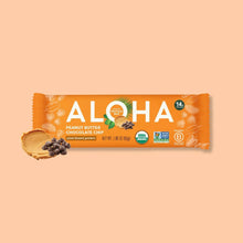 ALOHA Peanut Butter Chocolate Chip Organic Protein Bar package, orange wrapper with USDA Organic and Non-GMO Project Verified logos