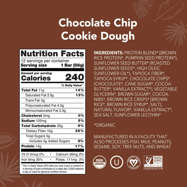 ALOHA Chocolate Chip Cookie Dough Organic Protein Bar 12-count box
