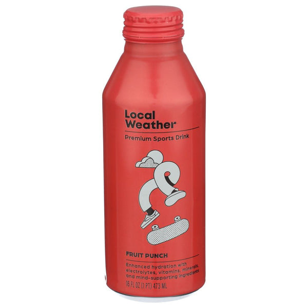 Local Weather Fruit Punch Premium Sports Drink in a red aluminum bottle