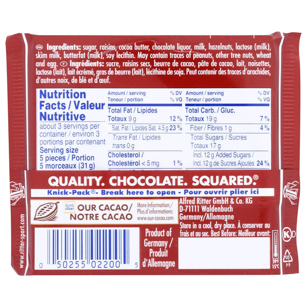 Ritter Sport, Raisin & Hazelnut Chocolate Candy Bar, 3.5 oz - Real Prime Deals